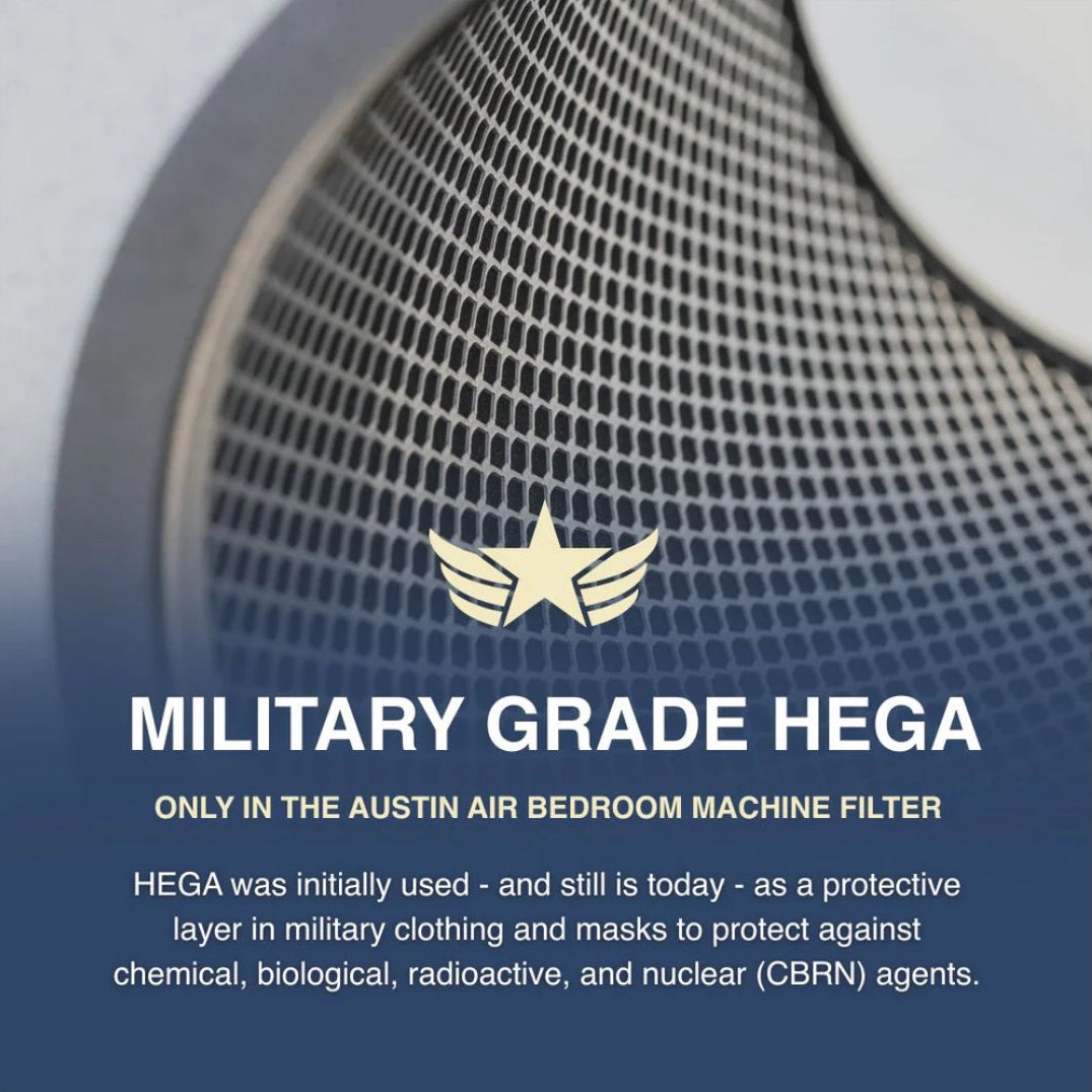Information on military grade HEGA filter in Austin Air Systems Bedroom Machine filter.