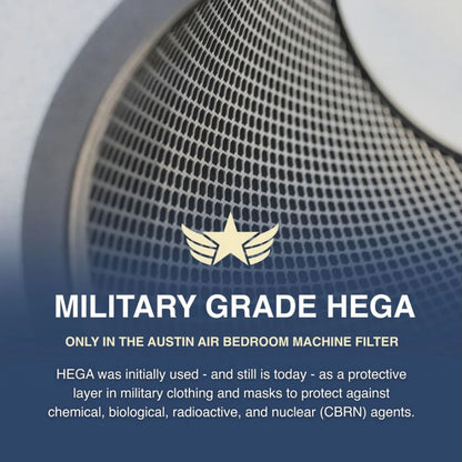 Information on military grade HEGA filter in Austin Air Systems Bedroom Machine filter.