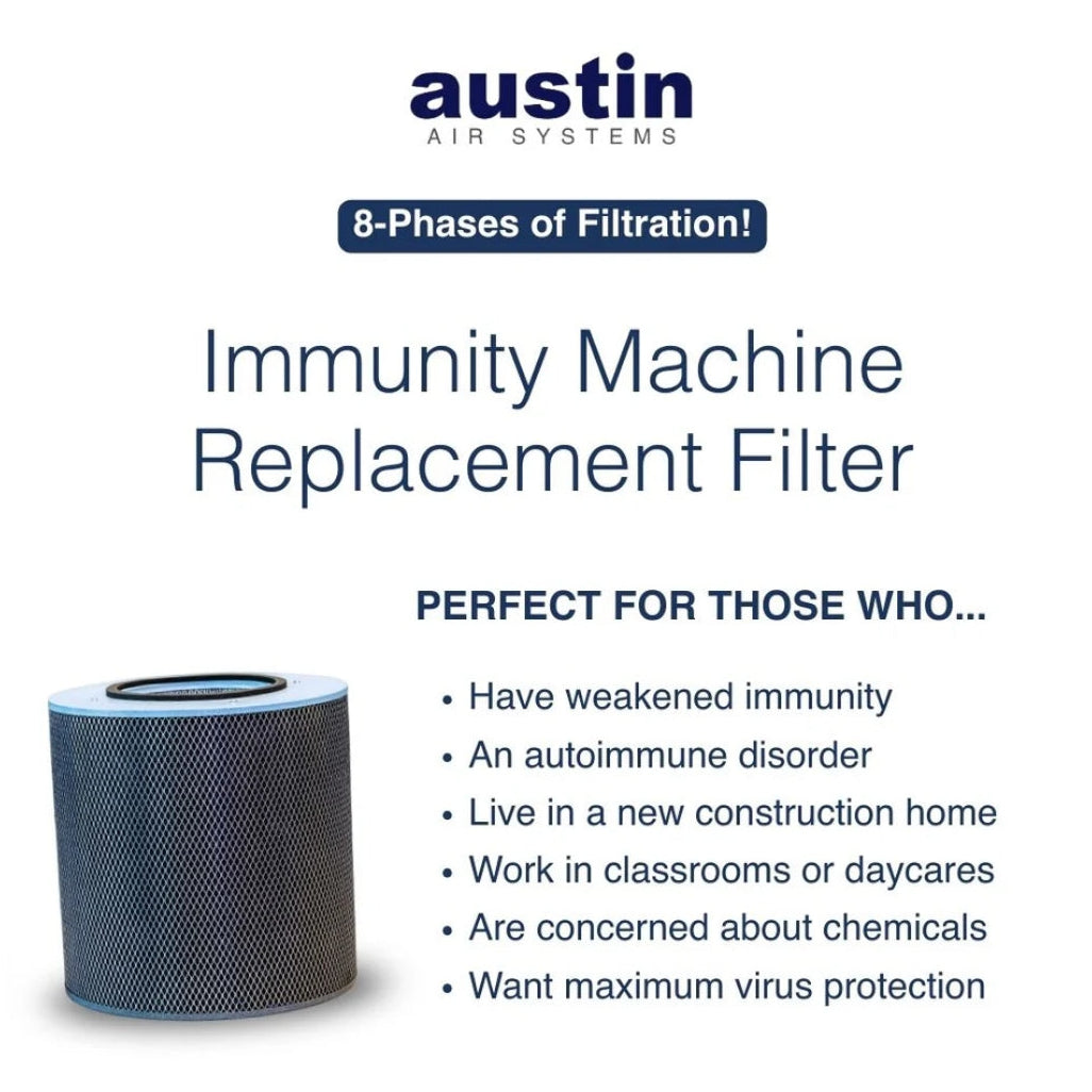 Austin Air Systems immunity machine replacement filter with product description.