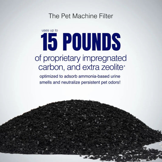 Information about the carbon and zeolite content in the Austin Air Pet Machine filter, with an image of what the materials look like.