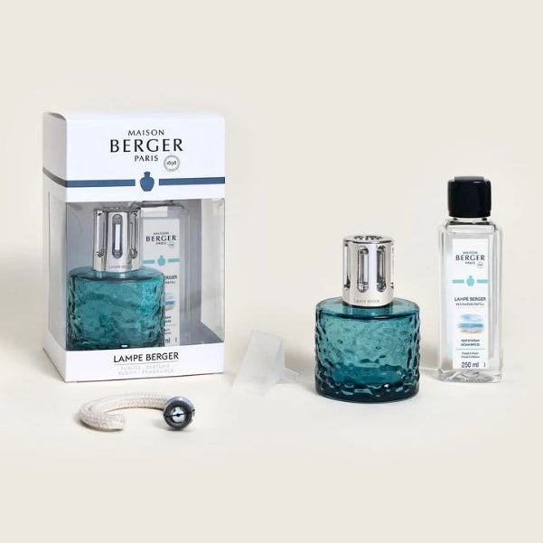 Maison Berger Paris diffuser set with blue glass bottle and packaging on a white background