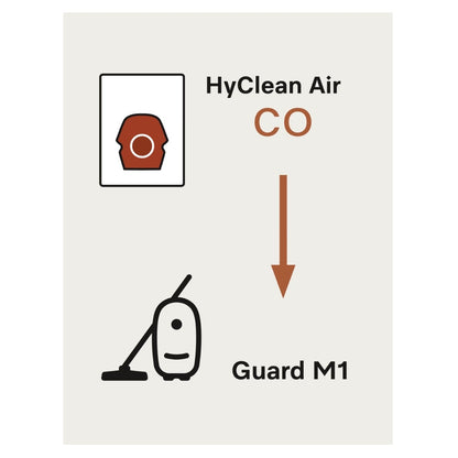 A simple diagram on a light gray background showing the HyClean Air CO filter icon at the top, an orange arrow pointing downward, and the Guard M1 vacuum icon at the bottom.
