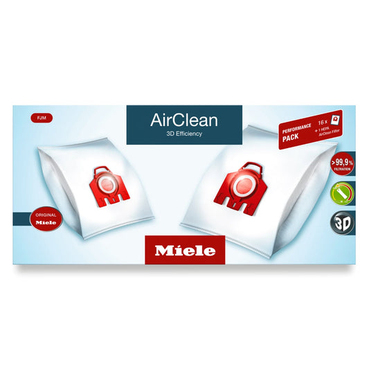 Miele AirClean 3D Efficiency vacuum cleaner filter bags pack of 16, shown in its original retail packaging against a white background.