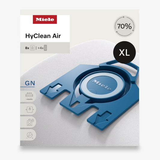 Miele HyClean Air 8 pack vacuum cleaner filter bag replacement packaging.