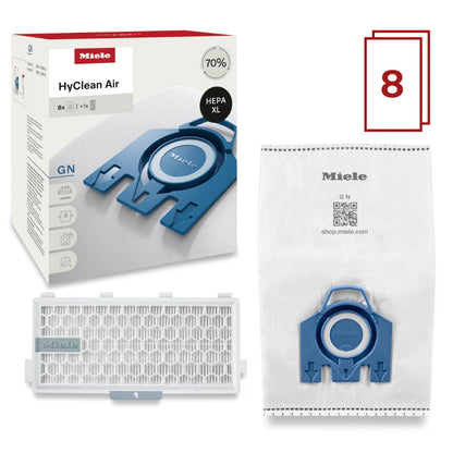 Miele HyClean Air type GN vacuum bag and filter replacement kit.