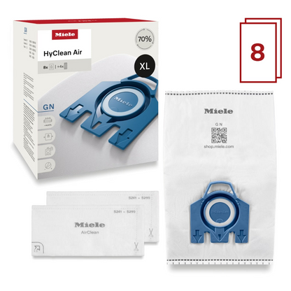 Miele HyClean Air type GN XL pack vacuum cleaner replacement dust bags, shown with retail box.