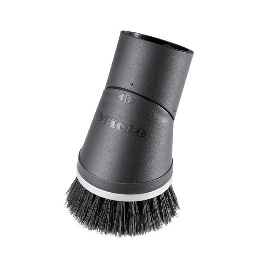 A black Miele dusting brush with soft bristles and a swivel joint for vacuum cleaners.