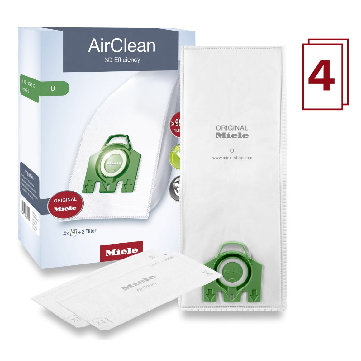 Miele AirClean 3D Efficiency vacuum cleaner replacement dust bags, including a retail box, a single white bag with a green filter attachment, and two loose white filters.