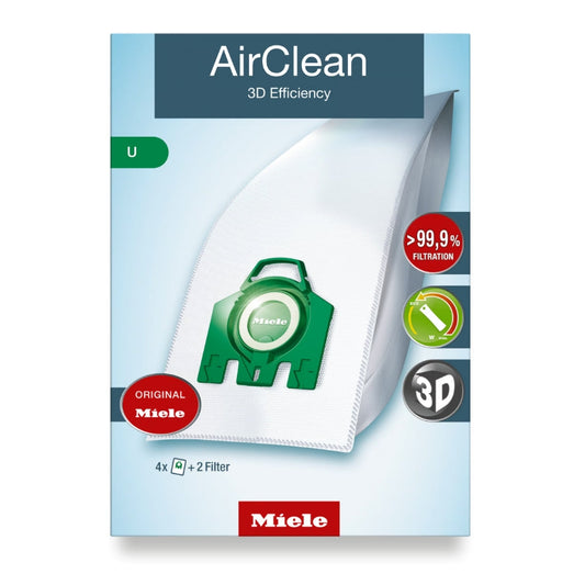 Miele AirClean 3D Efficiency vacuum cleaner replacement dust bags, size U, in its original retail packaging.
