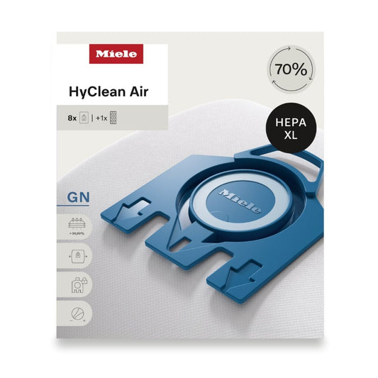 Miele HyClean Air 8 pack vacuum bags with HEPA filter packaging.