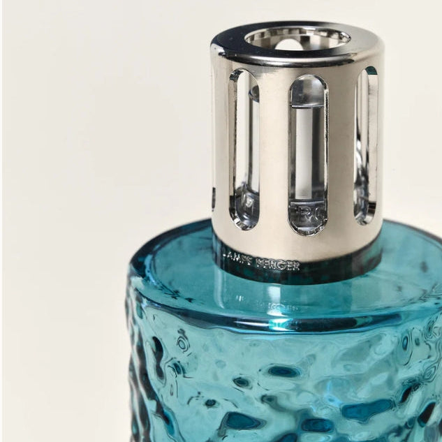 Blue textured lamp with silver diffuser top