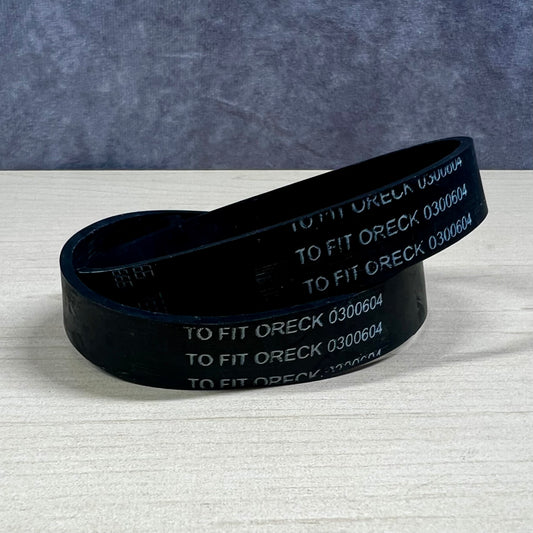 Two black vacuum belts labeled 'To fit Oreck 0300604'