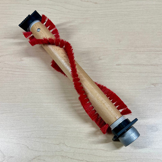 Wooden brush roll with red bristles for Oreck vacuum cleaners.