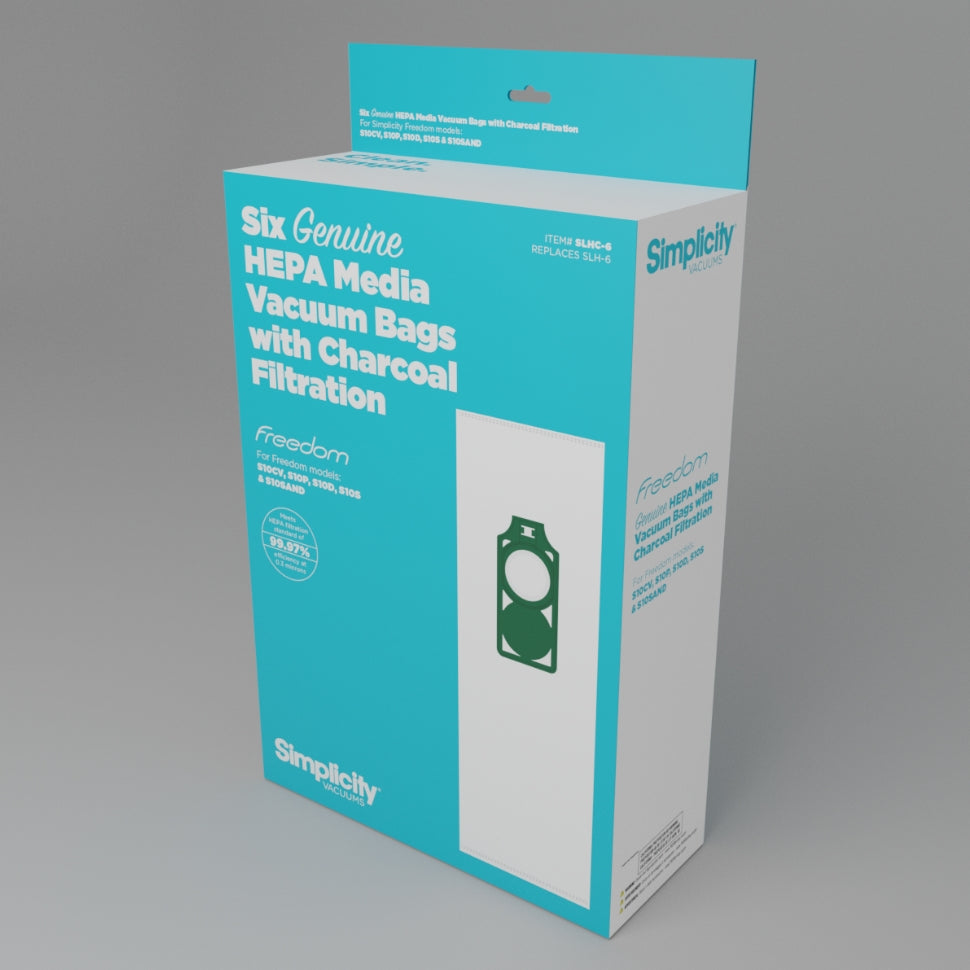 Box of Simplicity HEPA media vacuum bags with charcoal filtration on a gray background