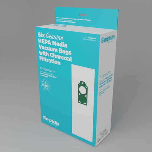 Box of Simplicity HEPA media vacuum bags with charcoal filtration on a gray background