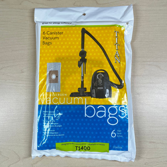 Pack of six HEPA Anti-Allergen Titan canister T1400 vacuum bags on a wooden surface