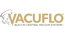 Vacuflo logo for built-in central vacuum systems on a white background